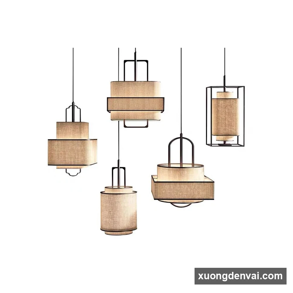 Bộ 5 đèn thả chụp vải bố dáng trụ tròn lồng trong khung kim loại đen dạng vuông và tròn