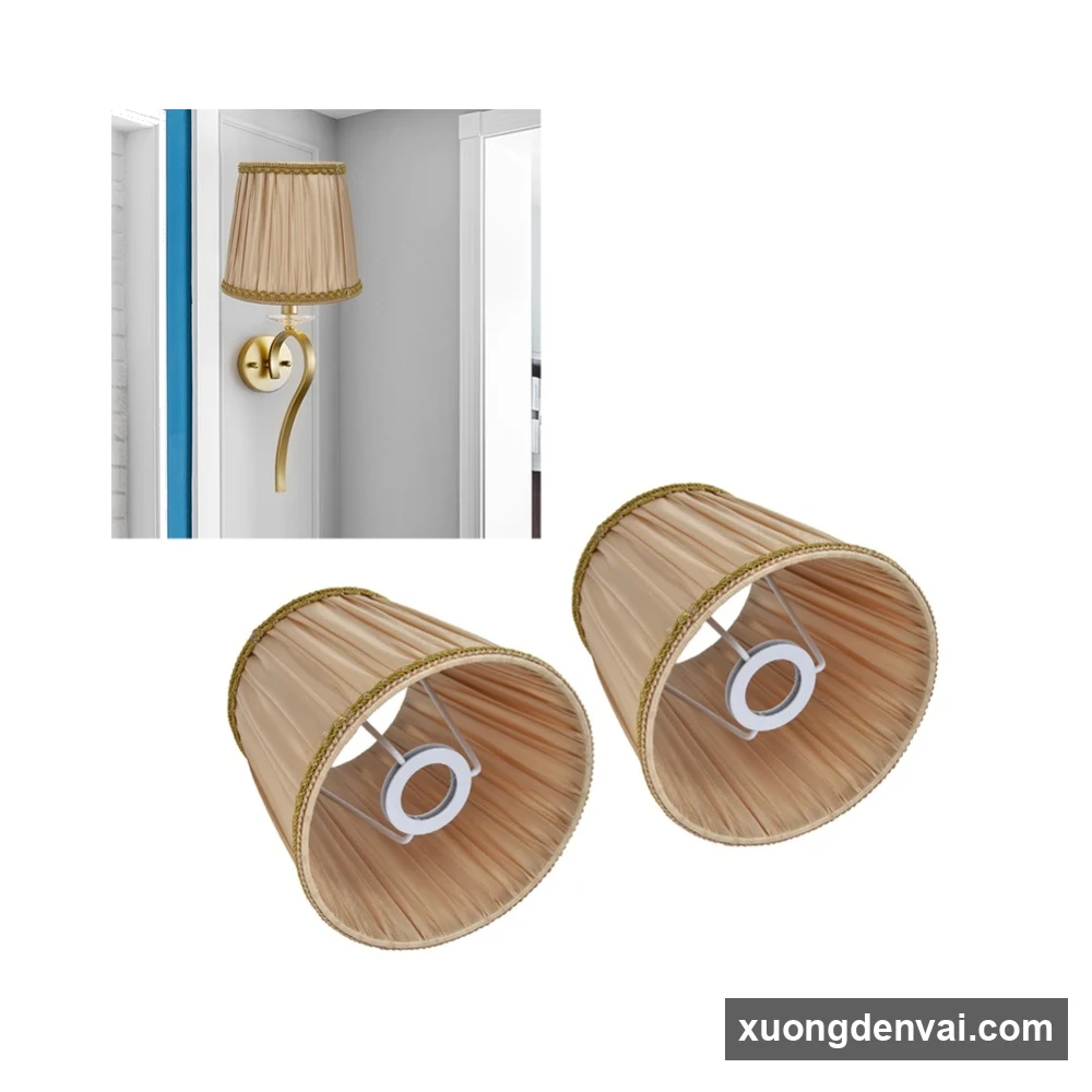 Cặp chụp đèn tường mini vải màu be vàng, ảnh minh hoạ lắp trên tay đèn tường mạ vàng
