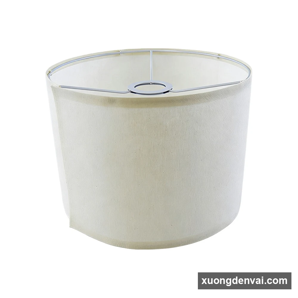 Chụp đèn vải dáng trống cỡ lớn màu trắng ngà cho đèn thả, khung vòng thép và thanh ngang gắn đui bên trong