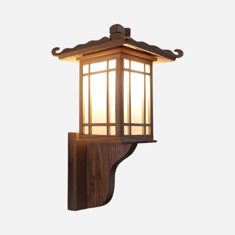 Đèn gỗ gắn tường kiểu shoji mái chùa, khung nan gỗ ghép ô, giá đỡ gỗ cong, panel sáng ấm