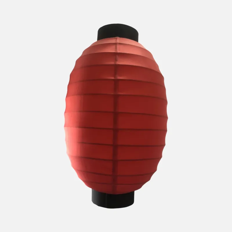 Đèn lồng vải đỏ dáng oval bầu, gân ngang chia múi, đầu trên gắn đui đen