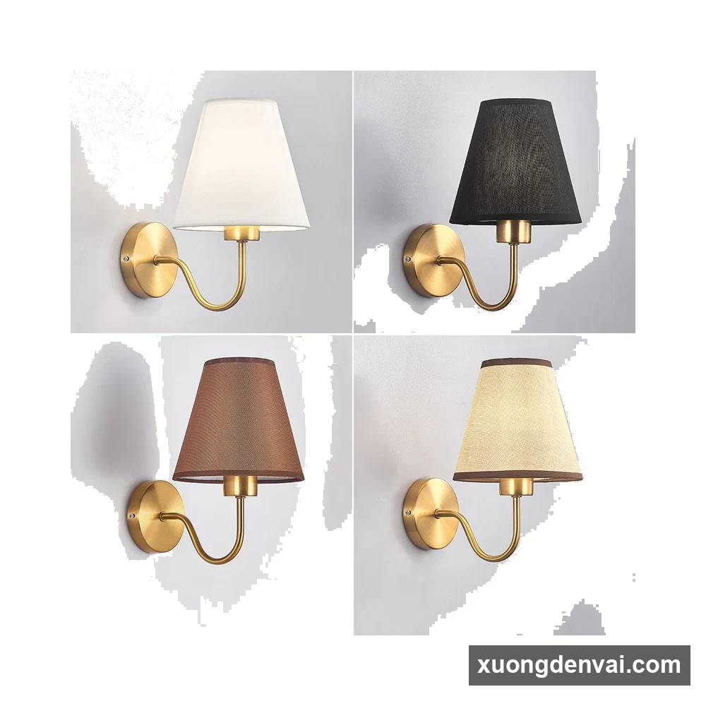 Ảnh ghép 4 phương án đèn tường tay đồng cong với chụp vải màu trắng kem, đen, nâu và kem sọc